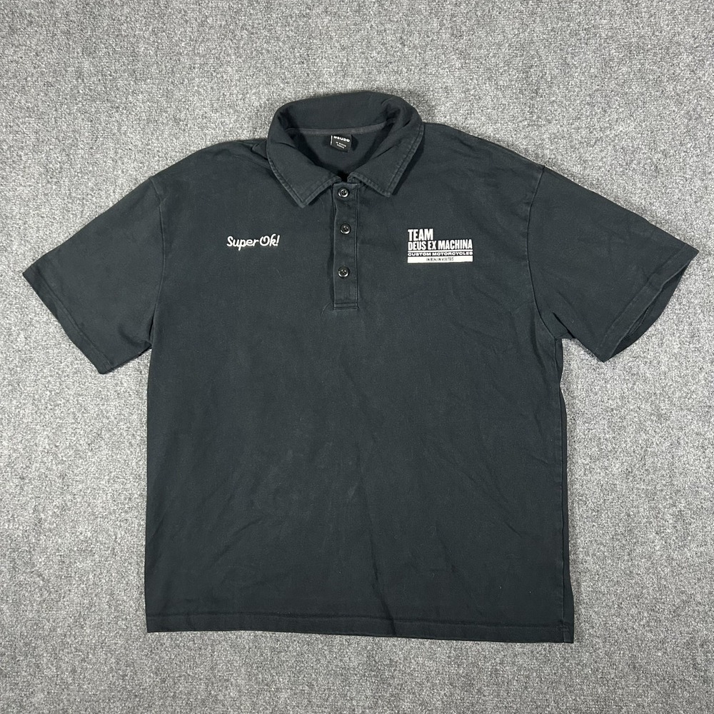 Deus EX Machina Grandstand Black Polo "Team Deus Ex Machina" Men's Large #3040